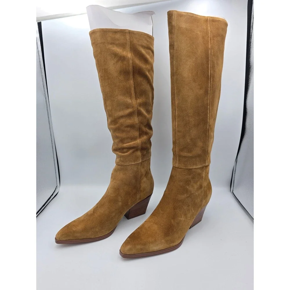 Marc Fisher Tarrie Tall Boots Womens 8 Tan Suede Pointed Toe Western Block Heel